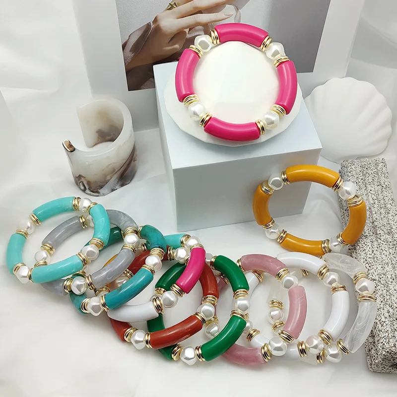 

Fashion Multi Color Macaron Elastic Gold Plated Colorful Exaggerated Acrylic Bracelet Pearl Gold Plated Resin Bracelet