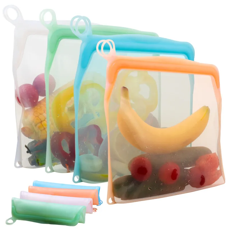 

2021 hot sale reusable 100% food grade fresh-keeping vegetable storage bags squeeze pouch 1/2 gallon silicone bag with zipper