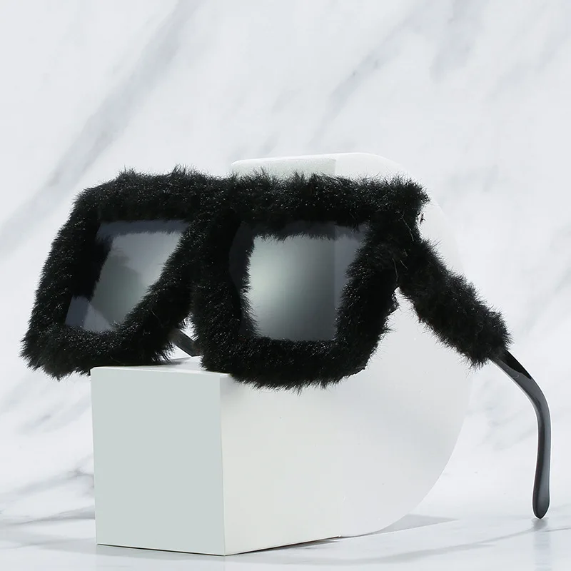 

women fur shades 2022 fur oversized brand square sunglasses ladies fashion sun glasses cat eye soft fur Square sunglasses