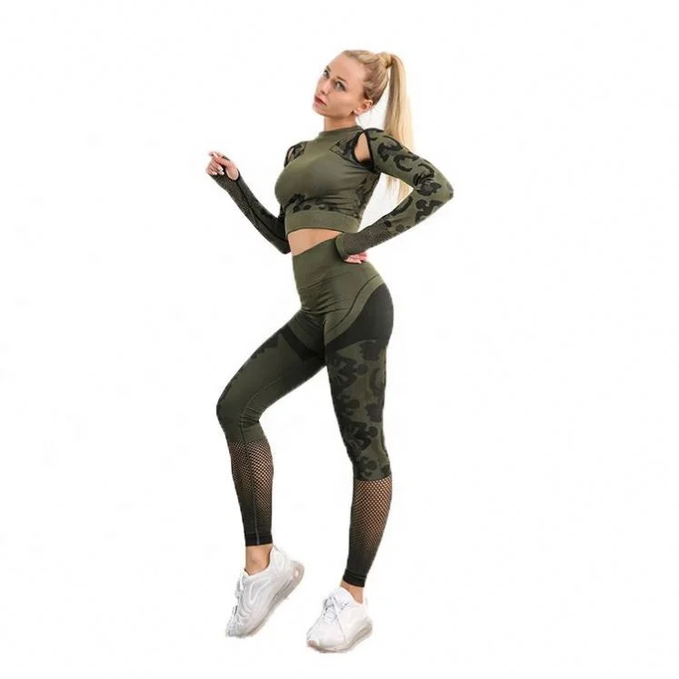

Wholesale Army Camo Hollow Breathable Gym Set Clothes Workout Activewear Two Piece Women Seamless Yoga Fitness Sportswear, Customized colors