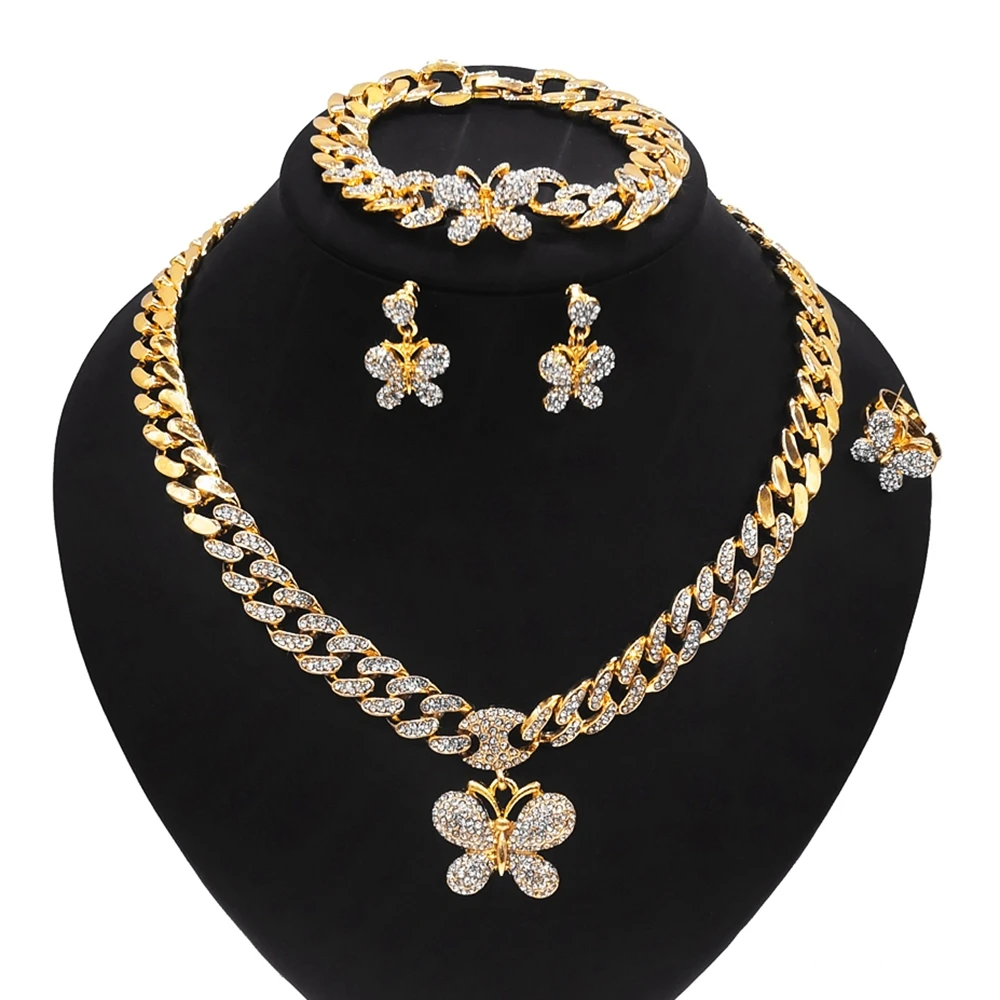 

Yulaili Wholesale Jewelry Set Cuban chain New Design Gold Crystal Butterfly Bridal Long Necklace Earring Bangle Ring Jewelry Set