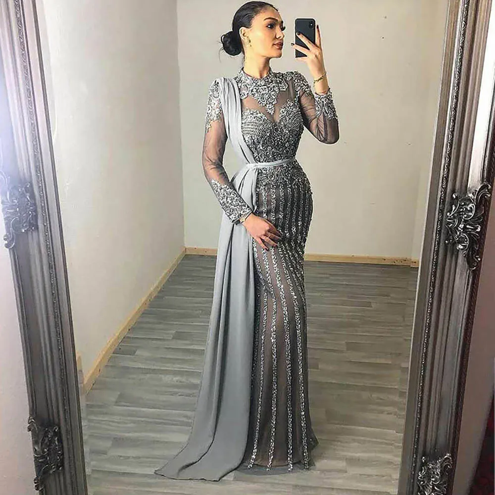 

Scz119 Luxury Crystal Dubai Muslim Evening Dress With Overskirt Gray Arabic Formal Dresses For Women Wedding Party