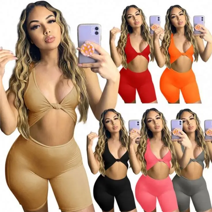 

Avril Hot Selling 2021 Summer Women Sexy Sleeveless Low Cut Knotted Sports Slim Casual Bodycon Jumpsuits