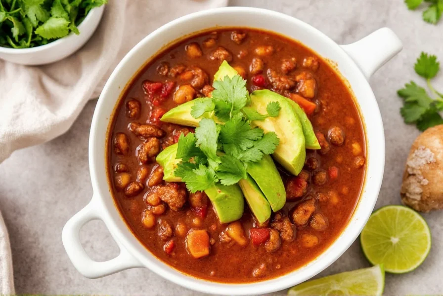 Finished bowl of low sodium chili with fresh garnishes including cilantro, avocado slices, and lime wedges