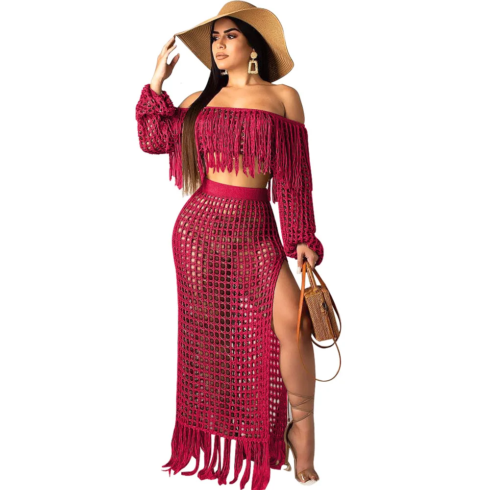 

Ecoparty Women Sexy Tassels Hollow Out 2 Piece Outfits See Through Off Shoulder Crop Top and Slit Maxi Dress Set, Picture color