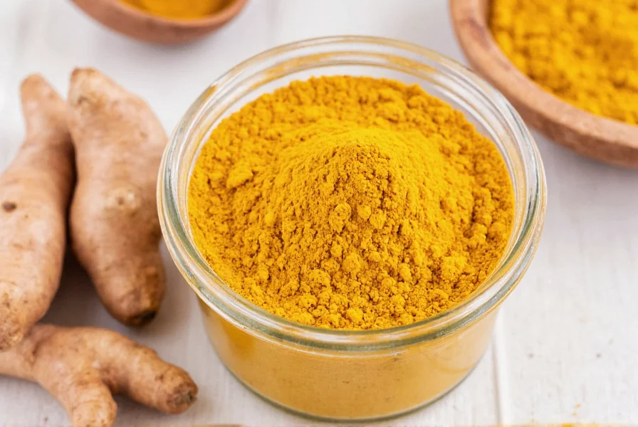 Turmeric powder in a glass jar next to fresh turmeric root and measuring spoons