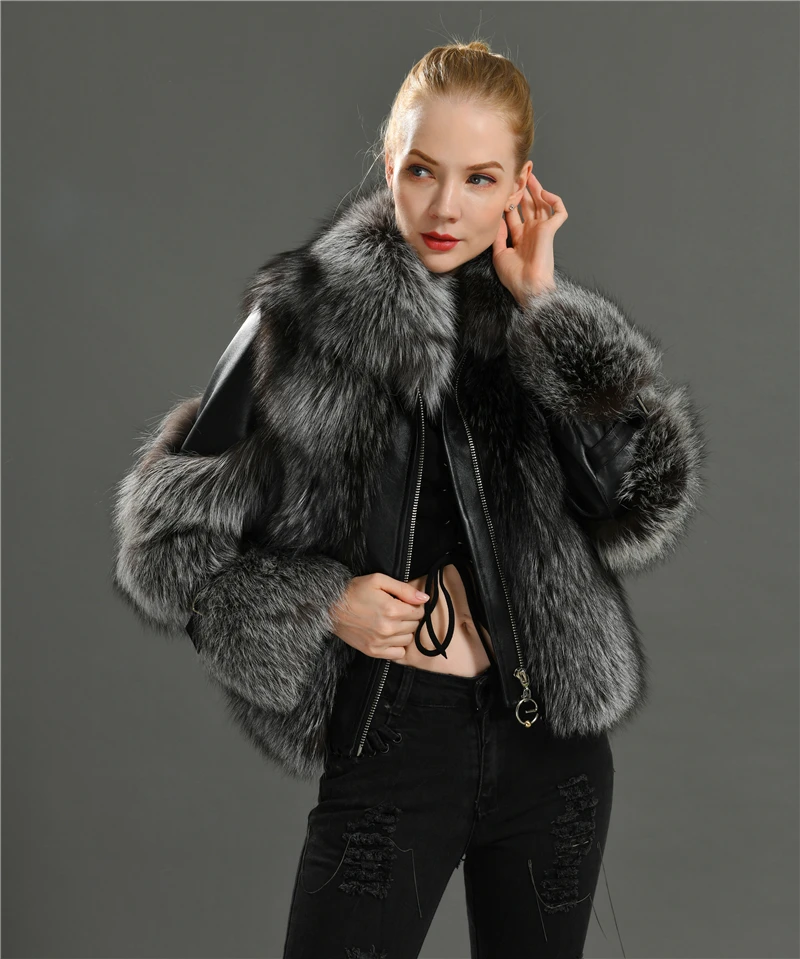 2020摩托车真羊皮皮夹克女真狐狸毛皮大衣冬季皮革和毛皮女装外套
