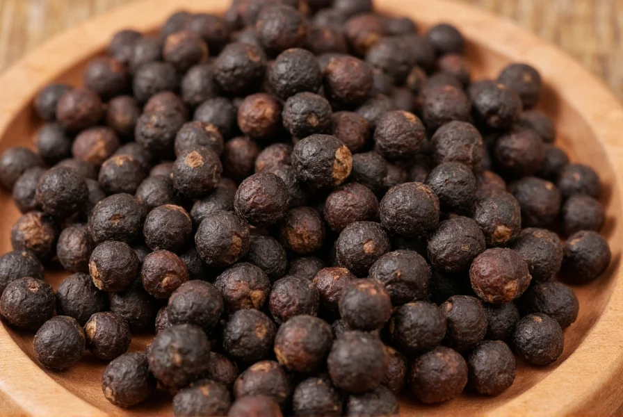 Close-up view of black peppercorns showing their wrinkled texture and dark color against a wooden spice board