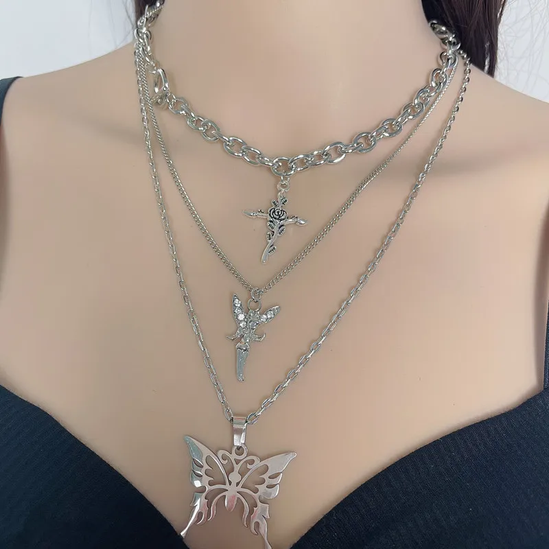 

Hot Selling Multilayer Butterfly Necklace Simple Fashion For Girl Stacked Big Butterfly Pendant Necklace