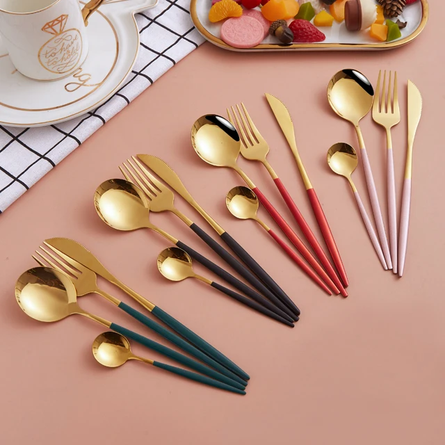 

Bulk Portugal Western PVD Golden Cutlery Knife Fork Spoons Handle Painting Stainless Steel Flatware, Gold black/gold red/gold green/gold pink