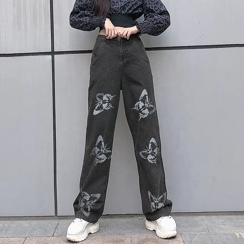 

Loose high waist slim butterfly printed straight casual denim floor pants