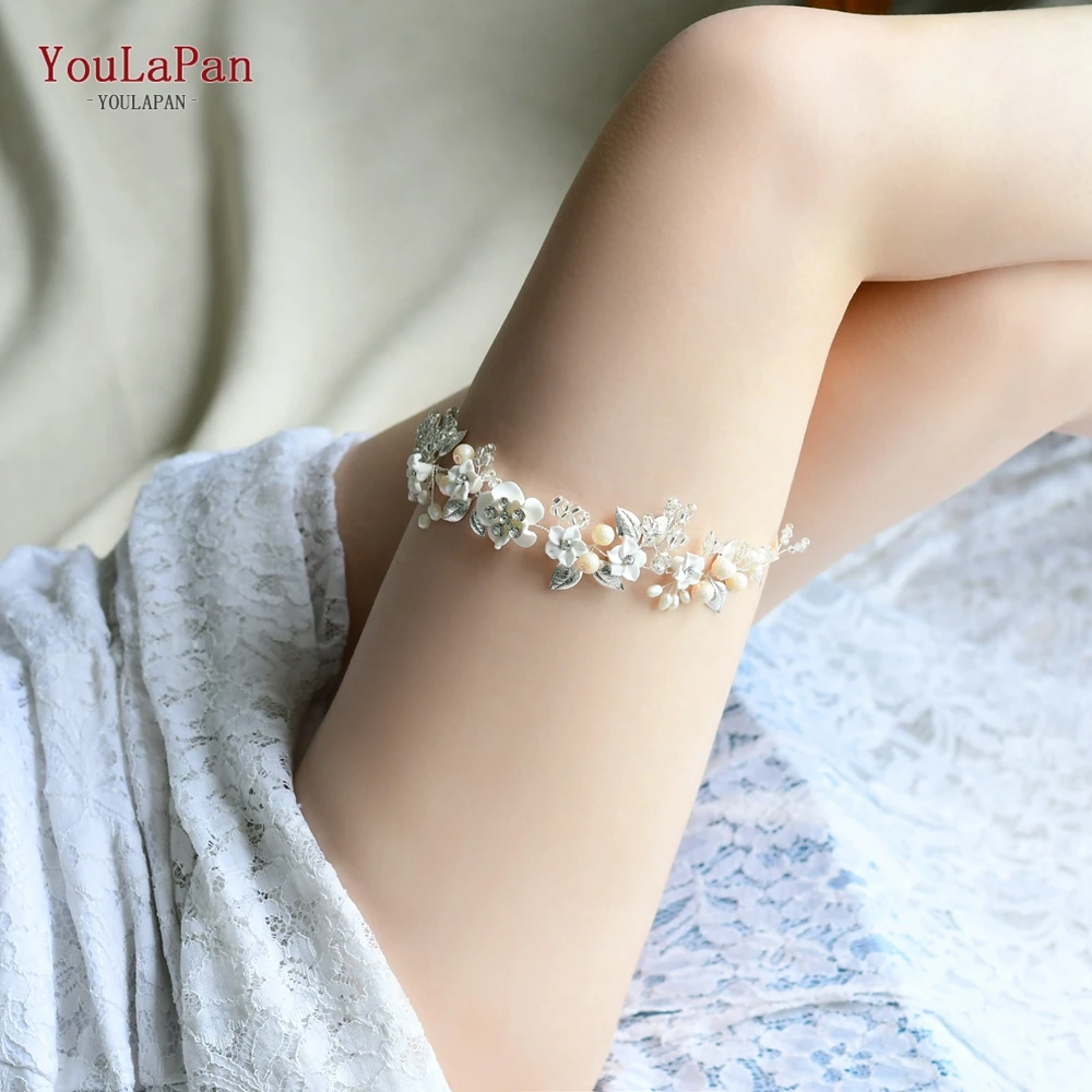 

YouLaPan HT04 Newly Designed Handmade Western Ribbon With Rhinestones And Resin Flowers For Wedding Bridal Garter Belt, Silver