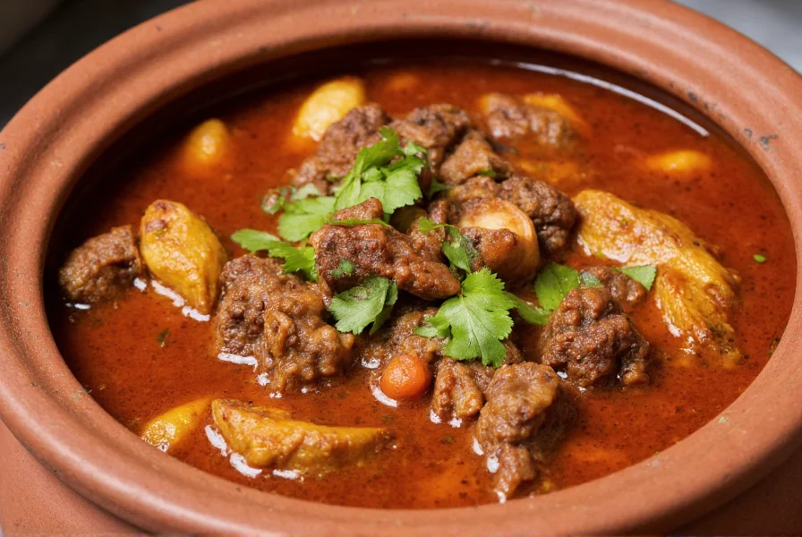 Traditional Nigerian pepper soup in a clay pot with assorted meats and fresh herbs
