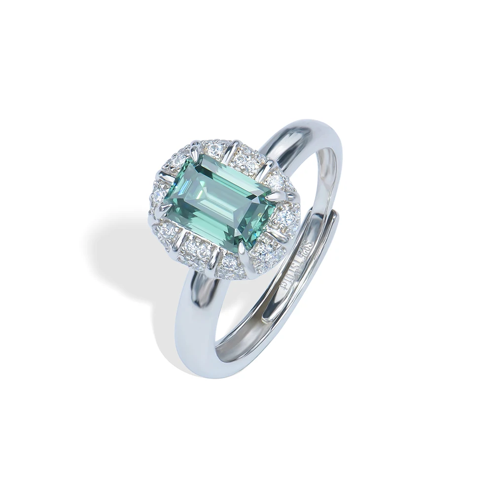 Xingyuegems 925 Sterling Silver Fine Jewelry Vivid Green Emerald Shape 5*7mm Moissanite Diamond Adjustable Size Engagement Ring