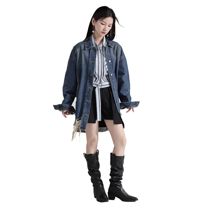 

Women's Clothing Personalized Broken Tassel Blue Denim Coats Women 2023 Autumn New Fashion Casual Women's Coat