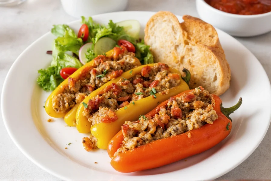 Finished stuffed banana peppers served on a white plate with fresh herbs garnish, side salad, and crusty bread