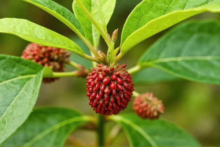 Mature allspice tree showing glossy leaves and developing green berries in tropical setting