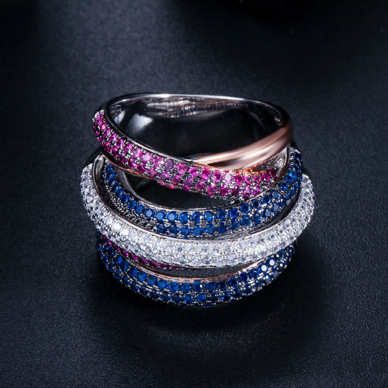 

Sailing Jewelry Five Rows of AAA Zircon Ring Multi Color Zircon Rings Cubic Zirconia Rings, 18k gold plated