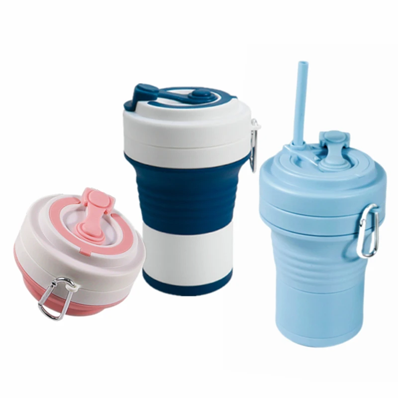 

New Amazon Best Selling 550ML Factory Direct Reusable Foldable Collapsible Travel Reusable Folding Silicon Coffee Cup With Straw
