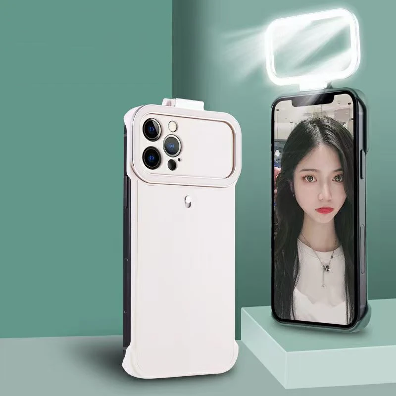 

Wireless charging square selfie flash makeup flip led ring light camera phone case for iphone case for iphone 12 case