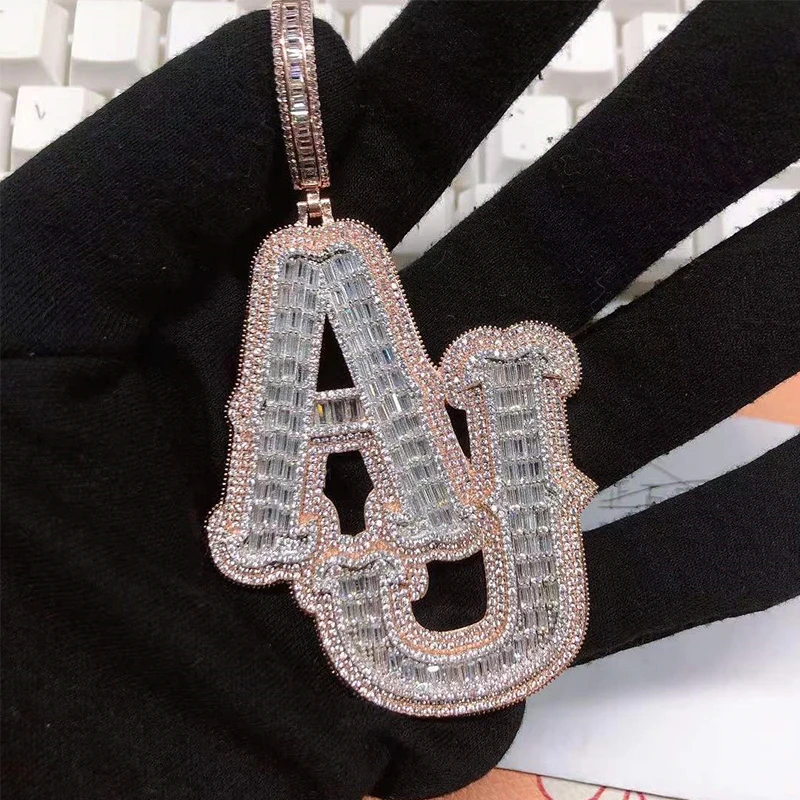 

Personalized Iced Out Baguette City Font Custom Name Letters Bling Pendant Necklace Double Layer For Women Hip Hop Jewelry