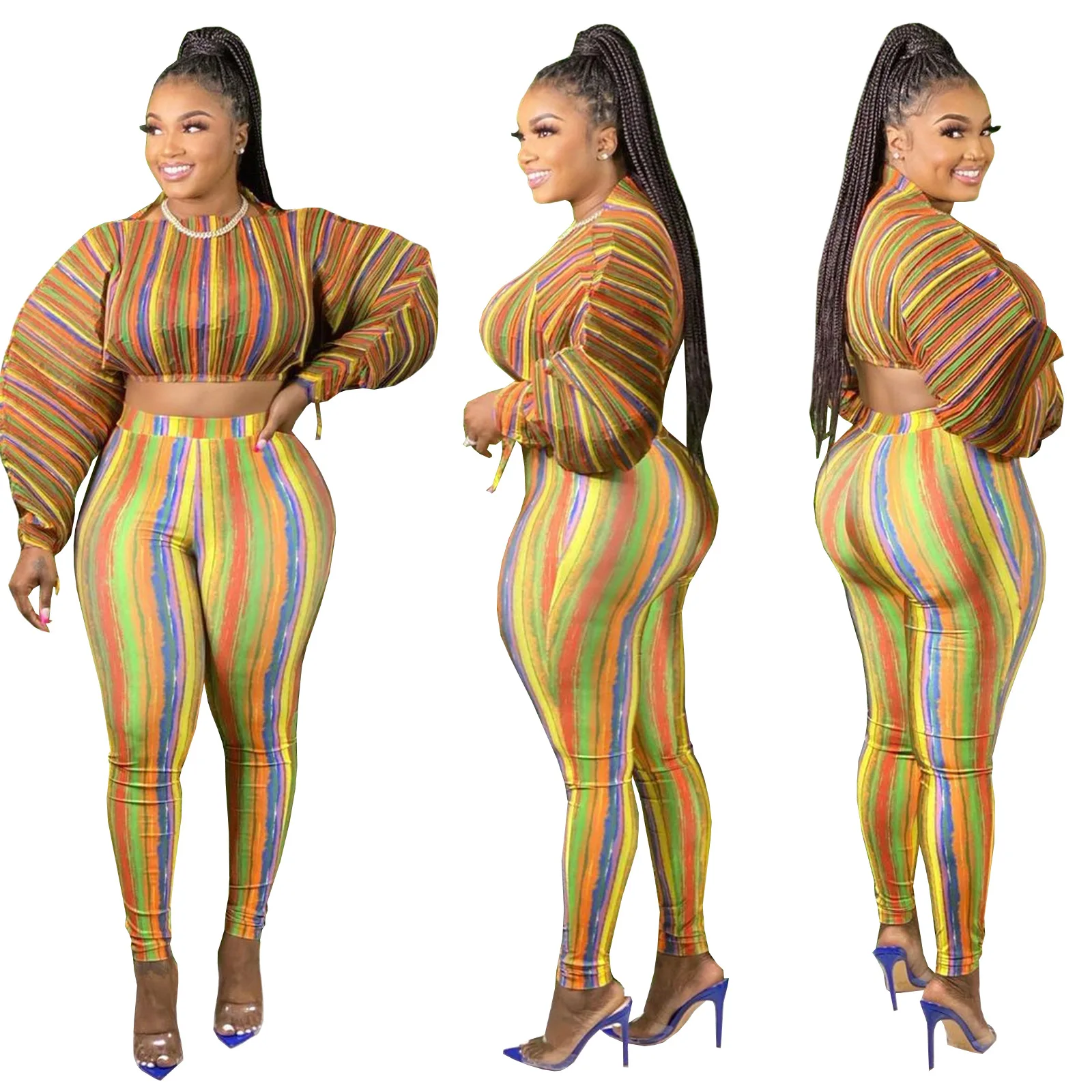 

SZ-8186 XL Women'S Digital Printed Stripe Fashion 2-Piece Set Lounge Wear Sets Women