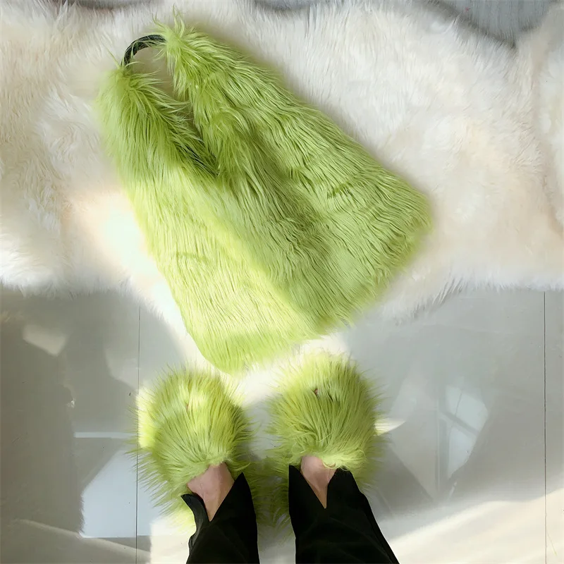 

BUSY GIRL RS4814 11 Colors Latest Fluffy Slippers And Bag Set Women Fashion Fur Slippers Tote Bag Fur Fluffy Slides