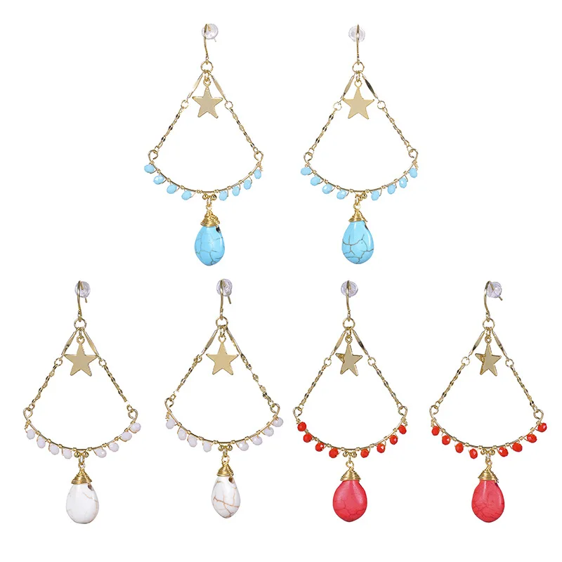 

Bohemia gem stones earring Five-pointed star pendant earrings geometric vintage stainless steel Gold Plated earrings women, 3 colors