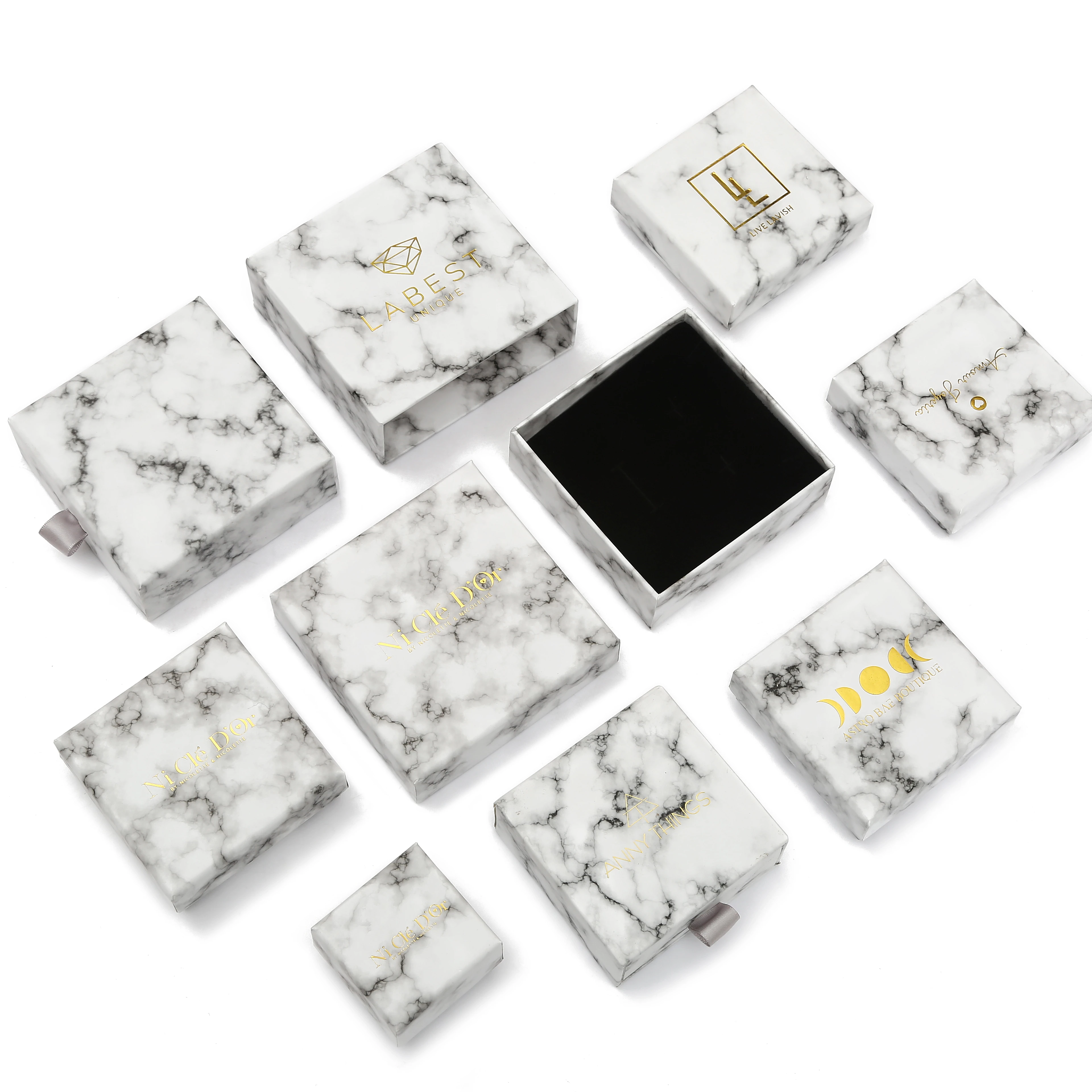 

Wholesale 100pcs/lot Custom Paperboard Necklace Earrings Bracelet Ring Packaging Marble Jewelry Box With Logo, White or black
