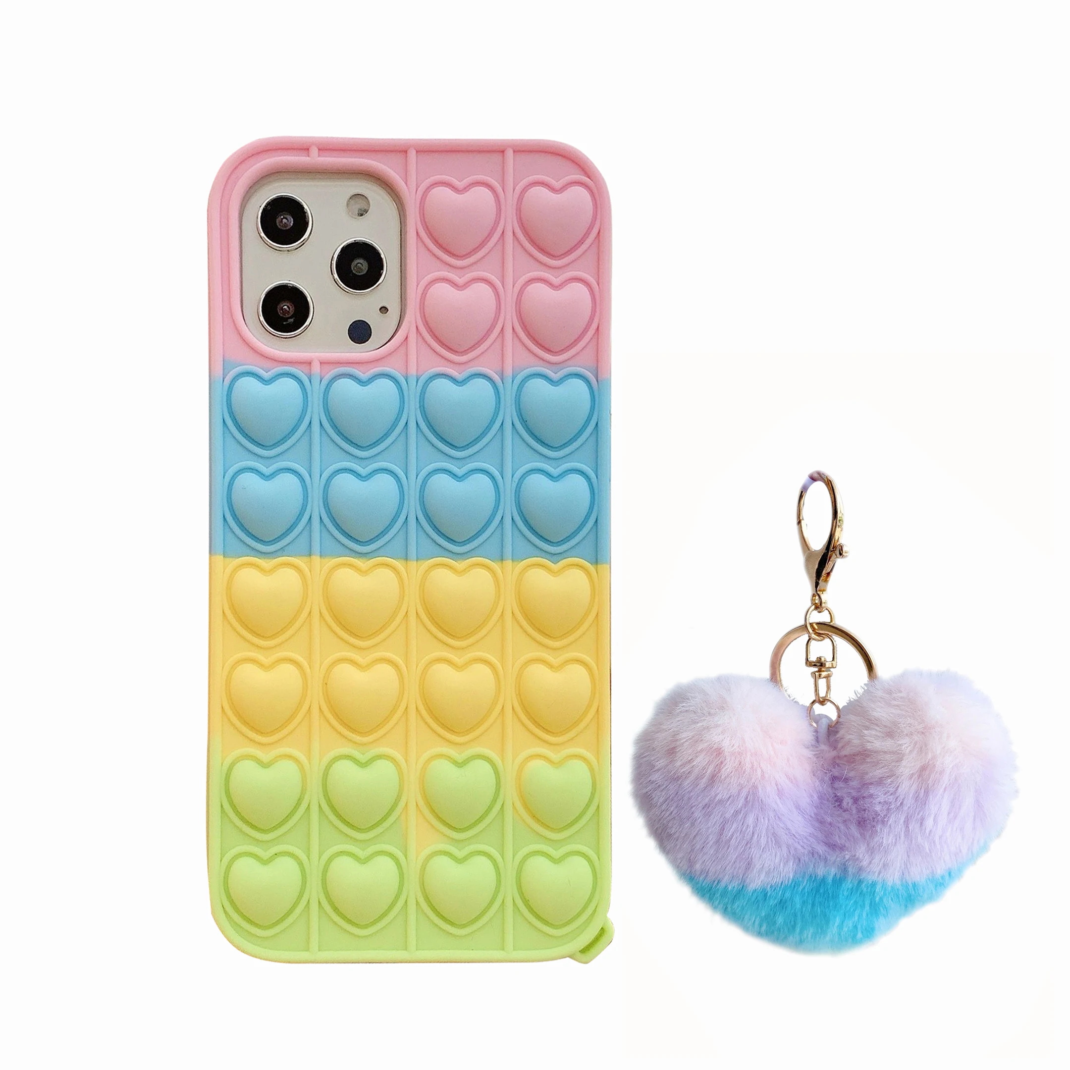 

Heart Shape Bubble Pop Up Silicone Soft Phone Case for iPhone 12 phone case with Furry Keychain Mobile Phone Bags