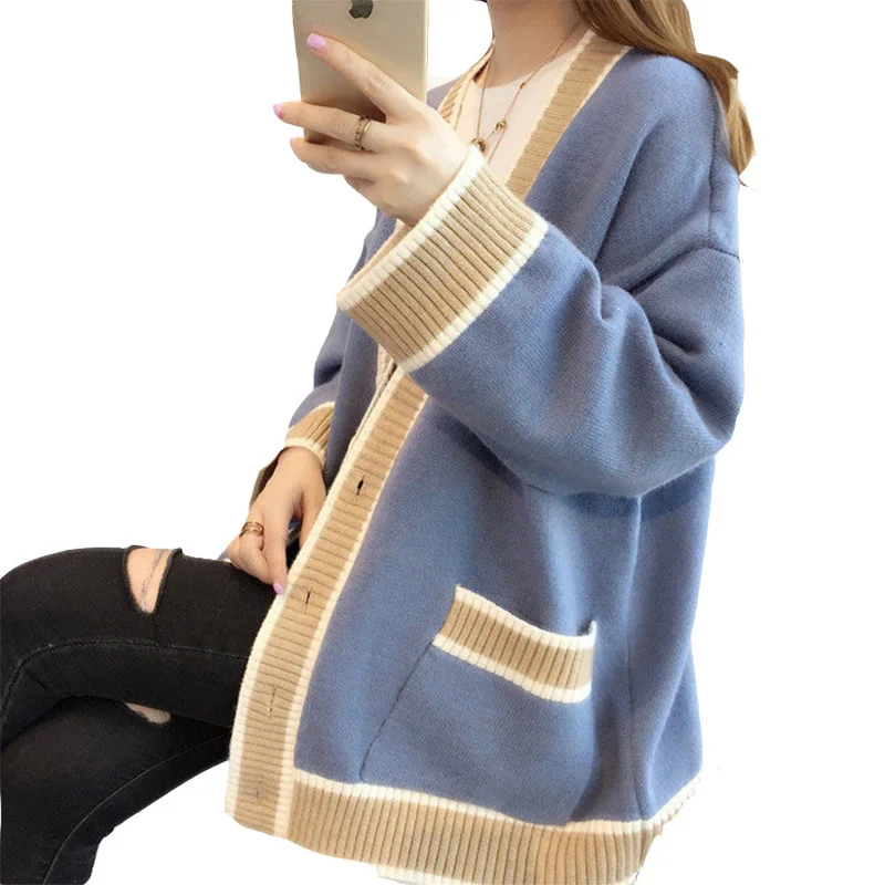 

2021 New fashion autumn winter color blocking Knitted Crochet cardigan women ladies long sweater cardigan