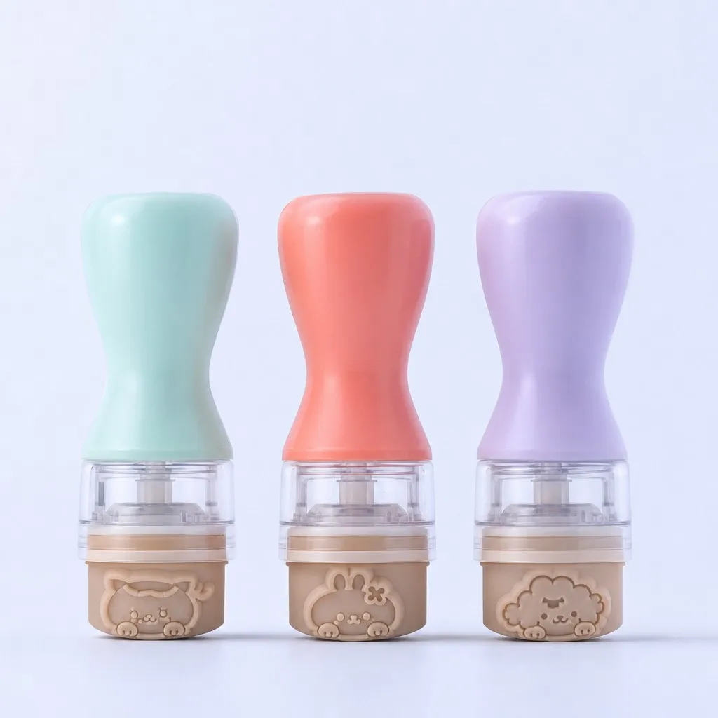 Craftsperson hands carefully carving kawaii bear character into rubber stamp blank with professional carving tools