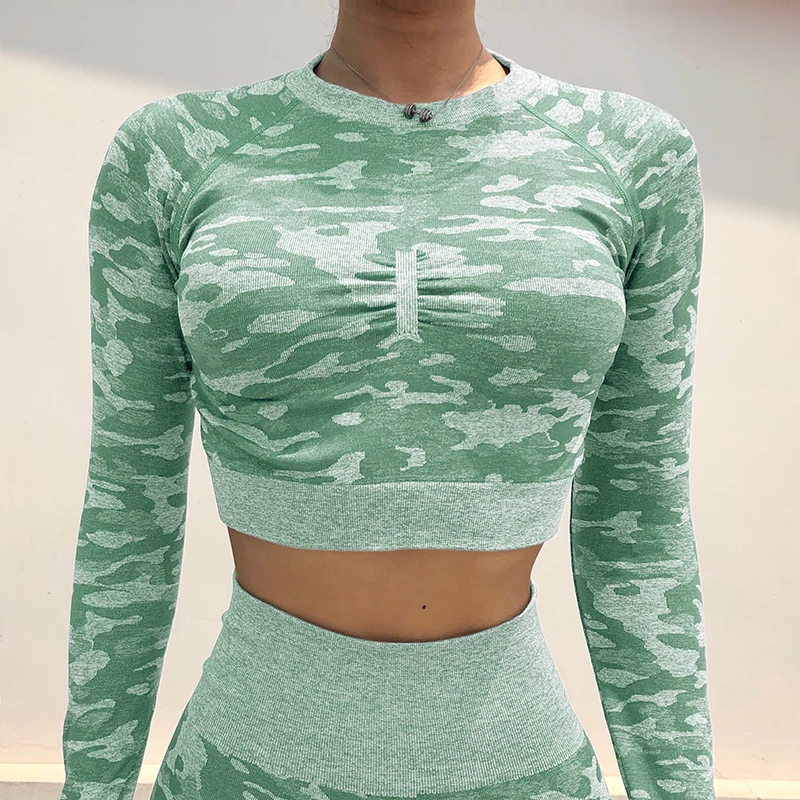 New Design Camouflage Custom Seamless Yoga Top Bra, Crop Hoodies And Leggings Suits