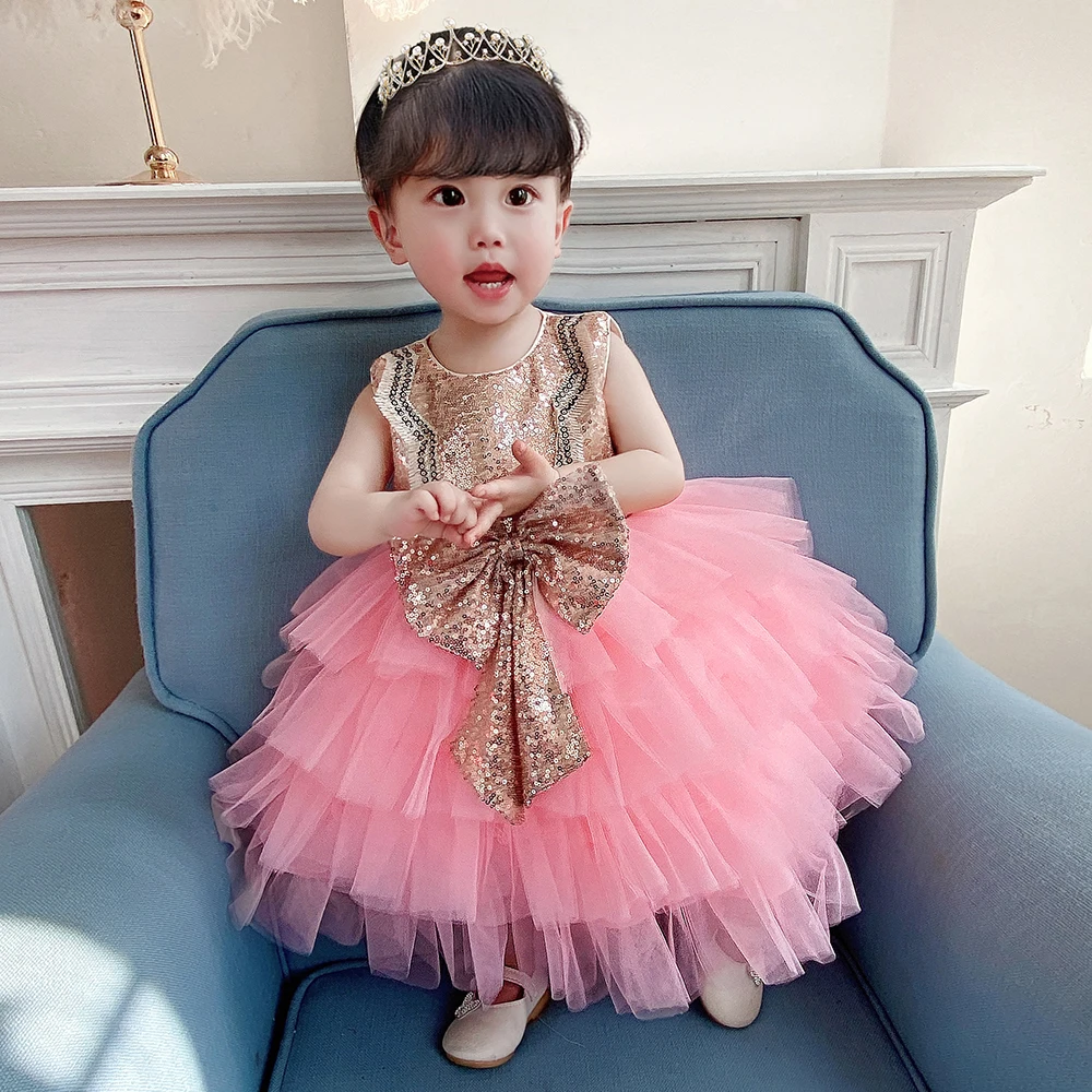 

FSMKTZ Bow Dream Baby Girls Party Dress Rainbow Tulle Beading Princess Wedding Dresses for 0-24 Months, Pink,blue,green,peach,champange