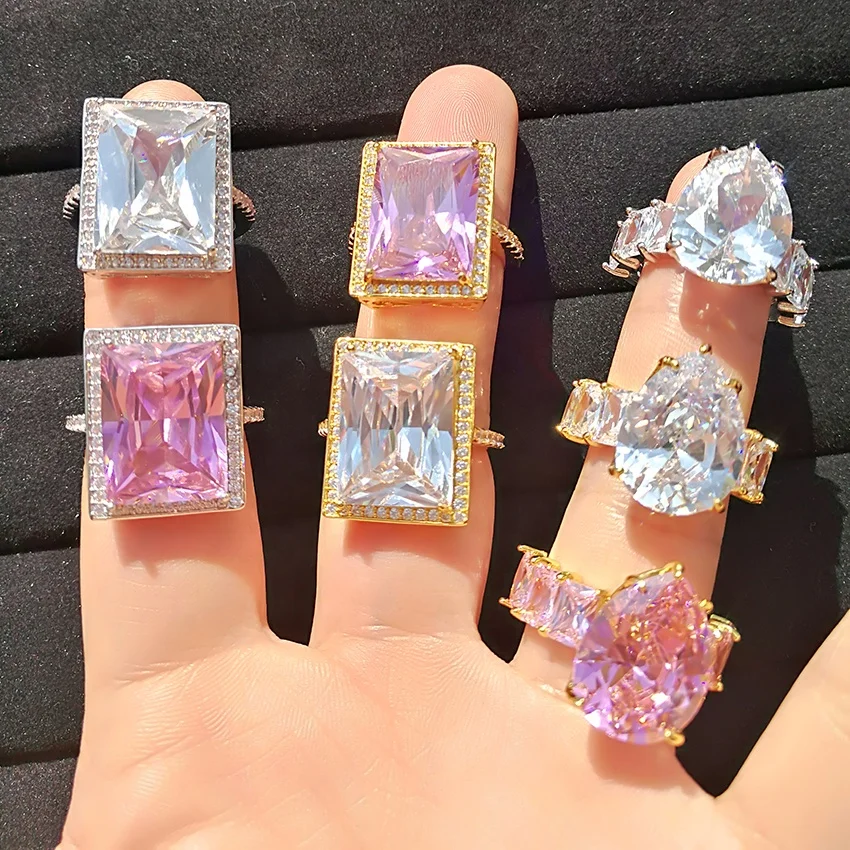 cubic zirconia silver pink square diamond ring