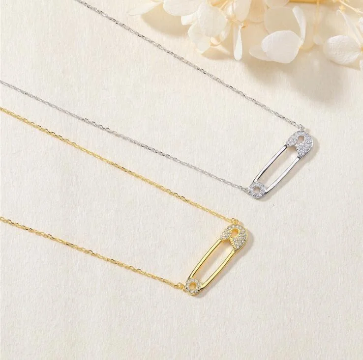 

2020 new arrival Fashion Clear CZ Stone Safety Pin Pendant Necklace Choker 925 Silver