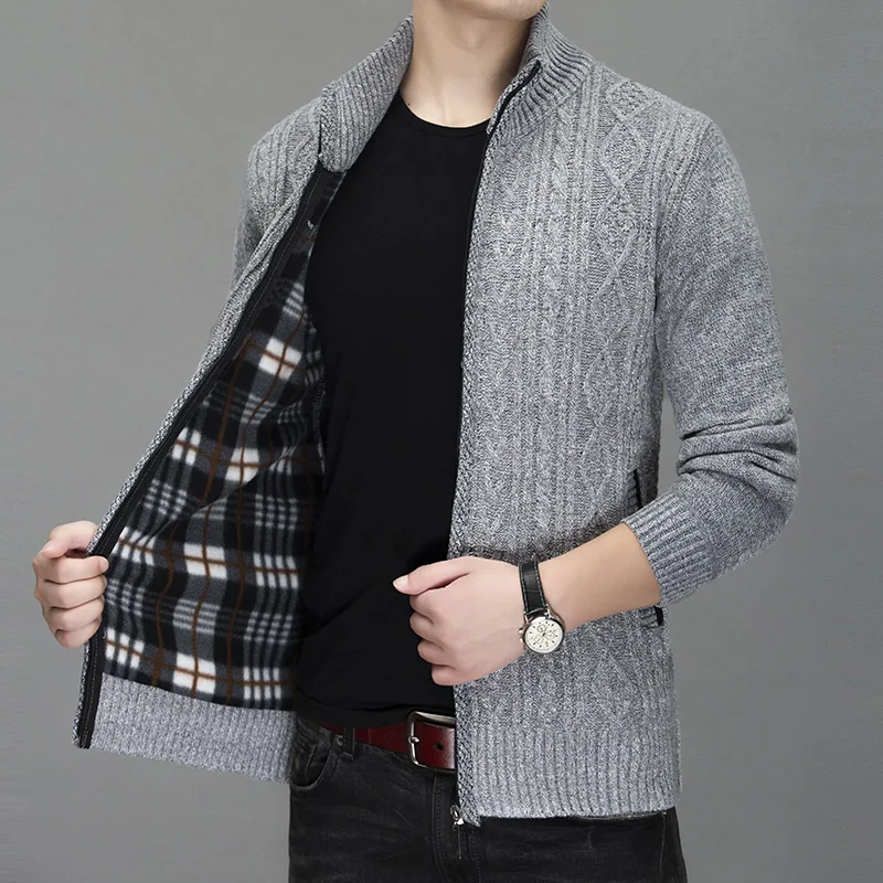 

Wholesale new arrival winter thick korea style fleece inside man's knit cardigan, Black and grey