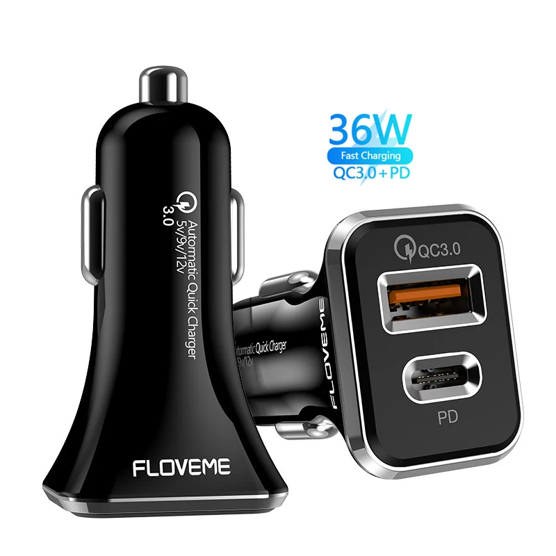 

Free Shipping 1 Sample OK Amazon Top Seller FLOVEME Dual Usb Ports Car Charger 36W Fast PD Car Charger Custom Accept