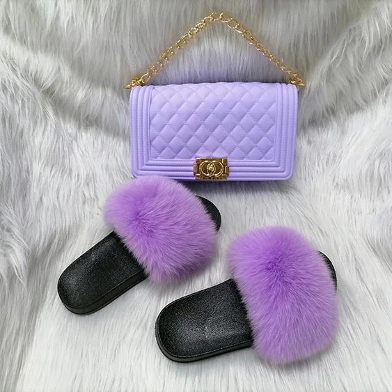 

summer New to stock soft and beautiful fox fur slippers with PVC handbag set, Colorful