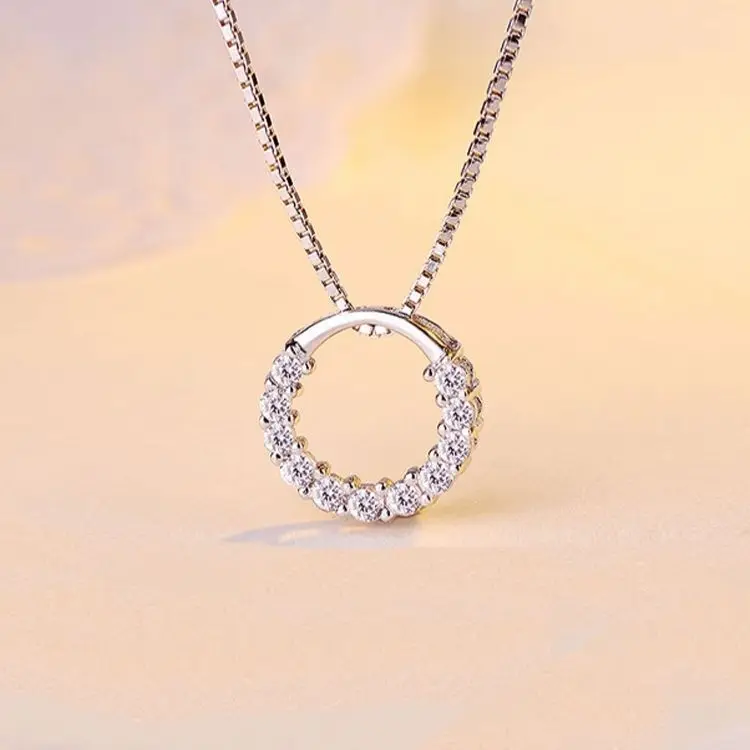 New Fashion Jewelry 925 Sterling Silver Circle Pendant Necklace Geometric Cubic Zirconia Hollow Ring Pendant Necklace For Women