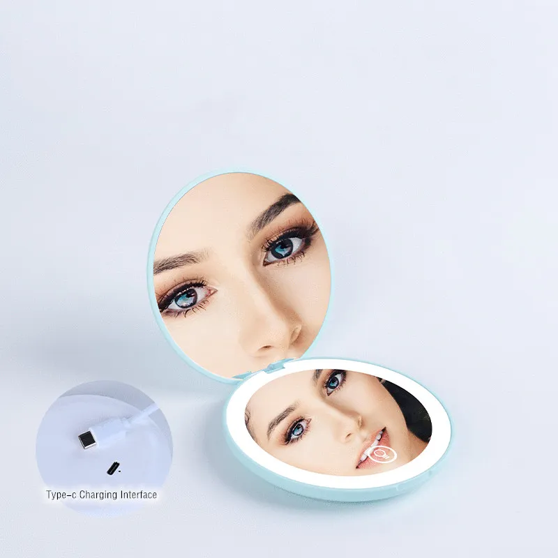 

2X Magnifying Portable Rechargeable LED Hand Pocket Make Up Mirror With Custom Private Label, 4 colors