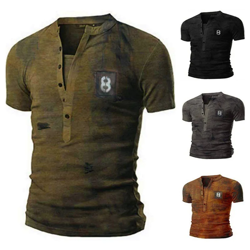 

2021 summer new men's V-neck T-shirt loose retro military uniform simple T-shirt 3d print t shirt, Khaki, gray, green, black