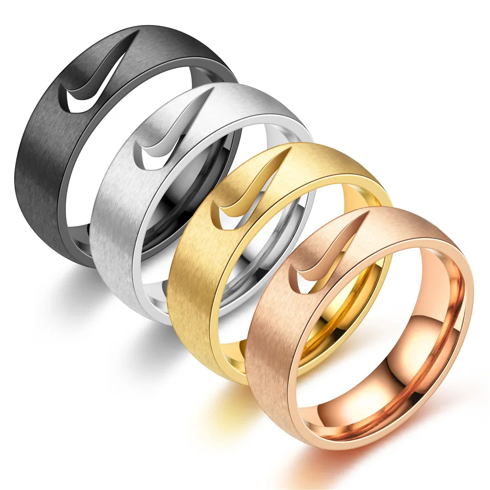 

Fashion Custom Stainless Steel Hollow Cut Out Swoosh Round Signet Rings, Hip Hop Tick gold Rings