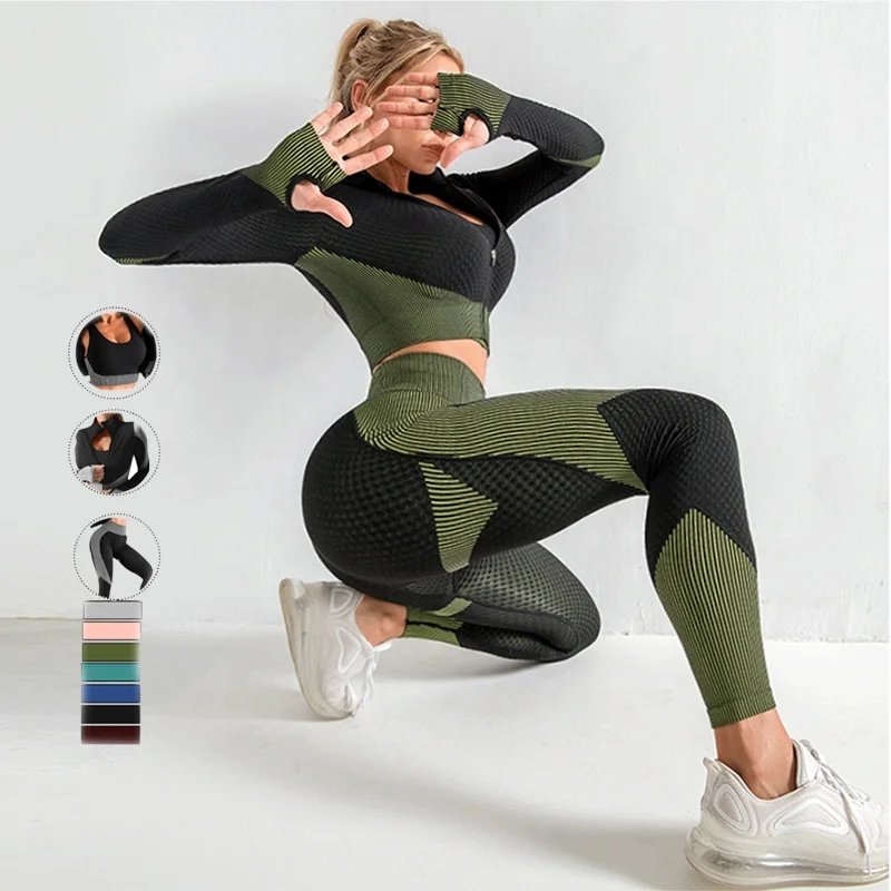 

Wholesale Plus Size Gym Clothes Seamless Yoga Suit Workout 3 Piece Exercise Active Wear Long Sleeve Yoga Sets Fitness Women