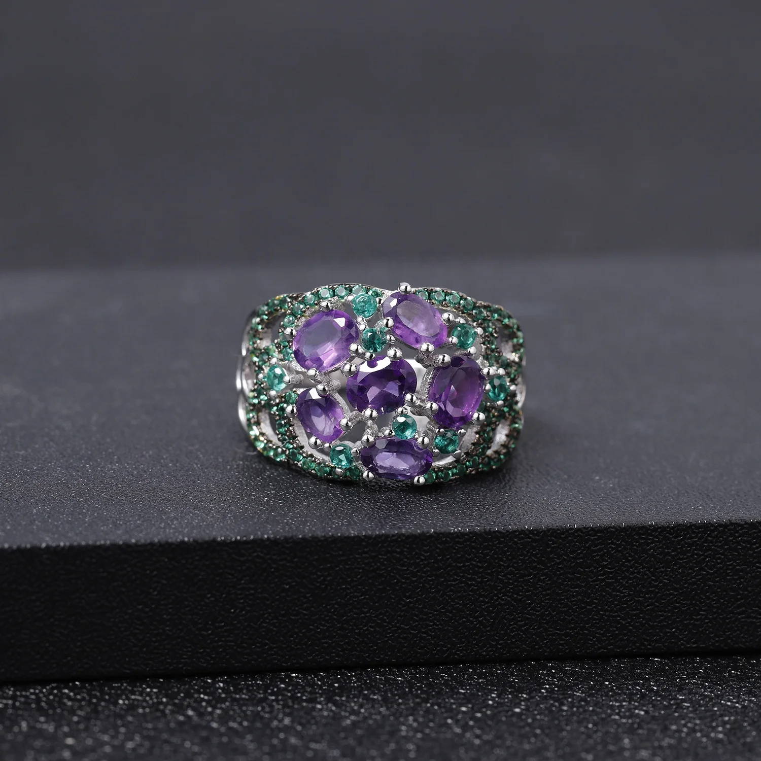 

Abiding Natural Amethyst Nano Emerald Green Unique Design Engagement Anniversary 925 Sterling Silver Ring For Women