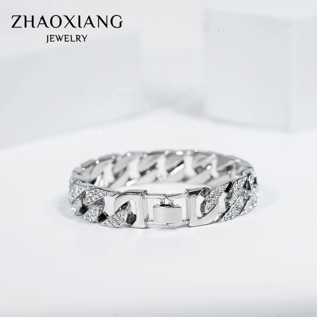 

Cuba Bracelets Bangles For Men Cubic Zirconia Bling Bling Shiny Alloy Fashion Wrist Jewellery, Steel, rose, gold