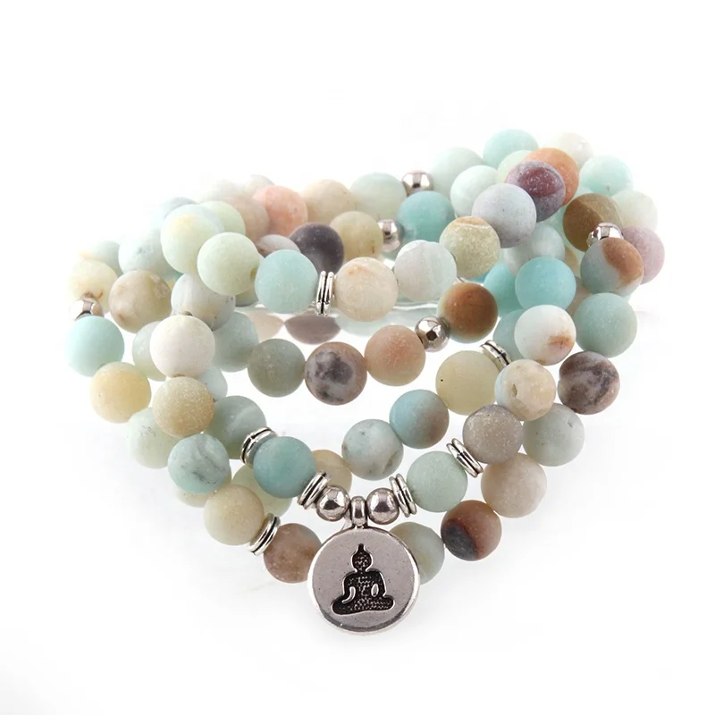 

8mm Natural Stone Women Buddha Loctus Cross Heart OM Bracelet Men Matt Amazonite bracelet Yoga 108 Mala Necklace bracelet