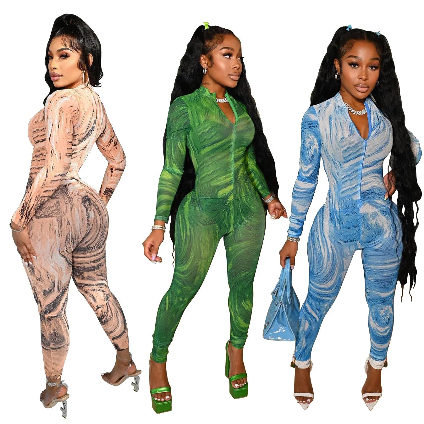 

Ladies Casual Outfit Long Sleeve Jumpsuit Women 2021 Bodycon Jumpsuits Mesh Sexy V Neck Fashion Fall Women One Piece Jumpsuit