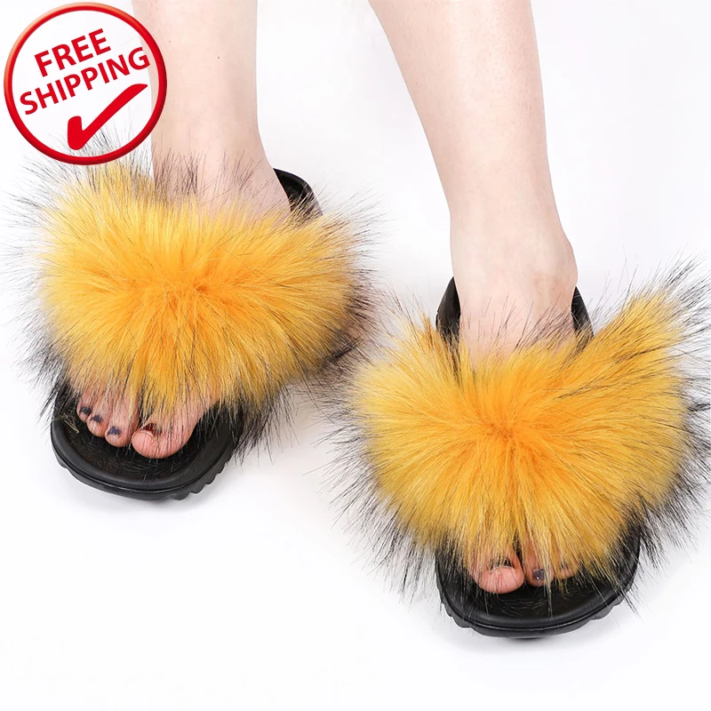 

2021 Women's Sandals Fuzzy Slippers Fur Slides Plush Outdoor slippers Summer Faux Fox Raccoon Fur Slides Slipper, Light brown, dark brown, white pink purple