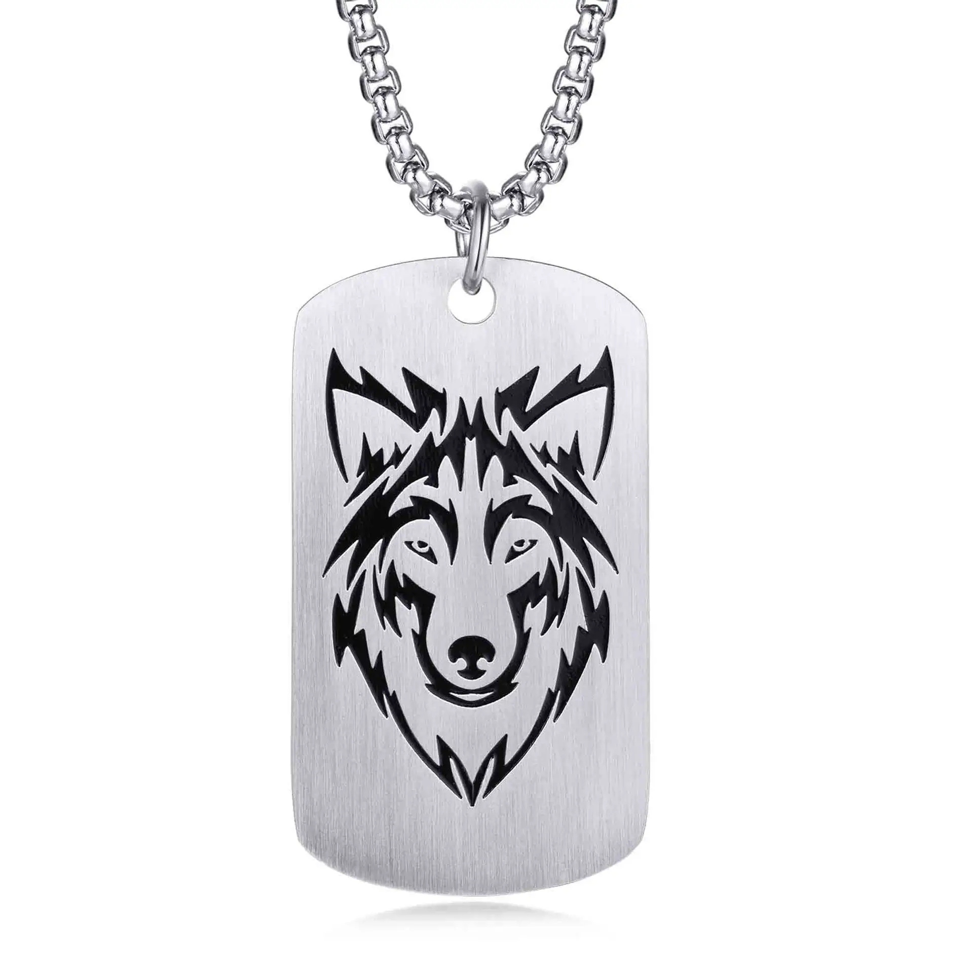 

Fancy wolf necklace man jewelry double side printed square pendant necklace